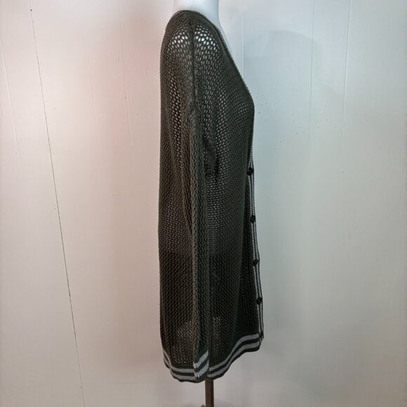 American Eagle Cardigan Medium Green Longline Varsity Open-Knit Sweater Cotton - Picture 6 of 8